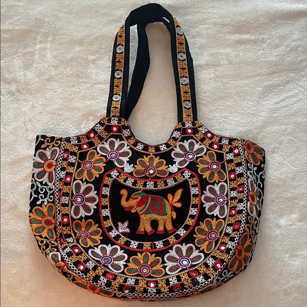Embroidered Elephant Black and Multicolor‎ Tote Bag